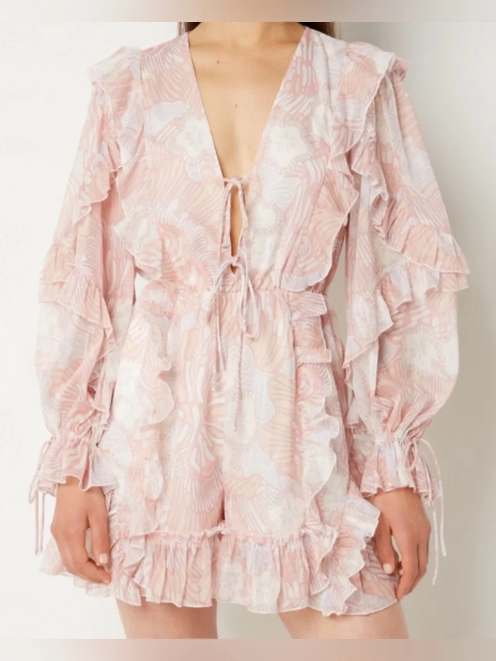 Ted Baker Womens Size 0 Pink Ruffle Mini Dress Sheer Long Sleeve Floral Romper